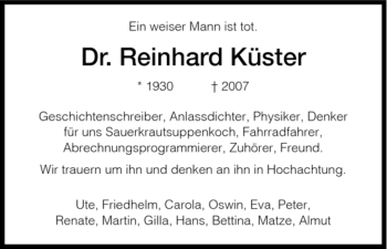 Todesanzeige von Reinhard Küster von HNA