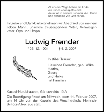 Todesanzeige von Ludwig Fremder von HNA