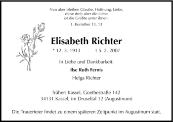 Todesanzeige von Elisabeth Richter von HNA