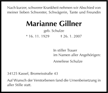 Todesanzeige von Marianne Gillner von HNA