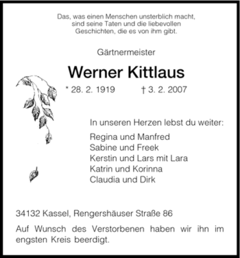 Todesanzeige von Werner Kittlaus von HNA