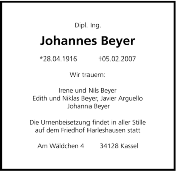 Todesanzeige von Johannes Beyer von HNA