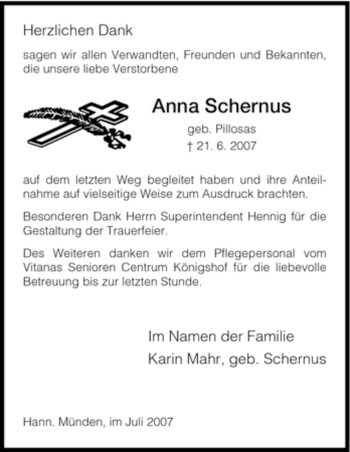 Todesanzeige von Anna Schernus von HNA