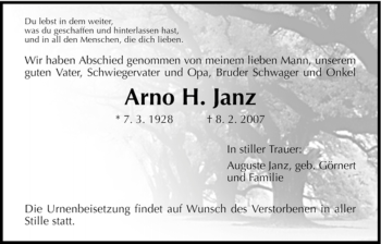 Todesanzeige von Arno Janz von HNA