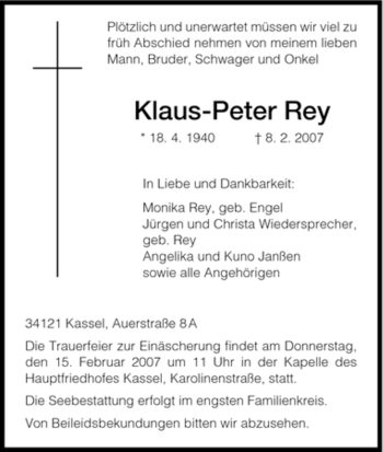 Todesanzeige von Klaus-Peter Rey von HNA