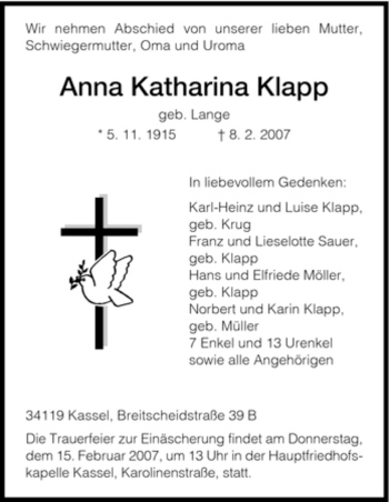 Todesanzeige von Anna Katharina von HNA