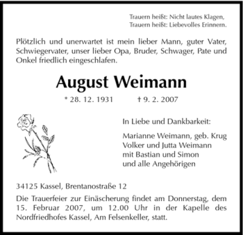 Todesanzeige von August Weimann von HNA