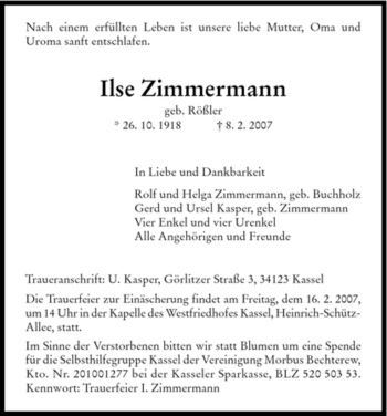 Todesanzeige von Ilse Zimmermann von HNA