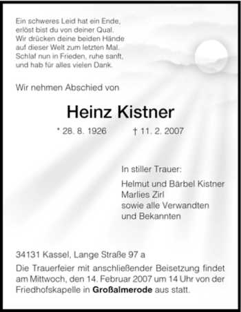 Todesanzeige von Heinz Kistner von HNA