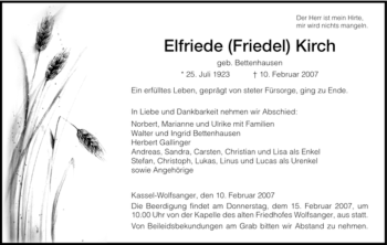 Todesanzeige von Elfriede Kirch von HNA