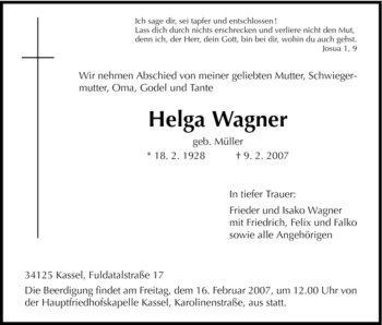 Todesanzeige von Helga Wagner von HNA