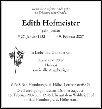 Todesanzeige von Edith Hofmeister von HNA