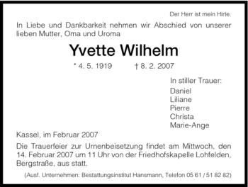 Todesanzeige von Yvette Wilhelm von HNA