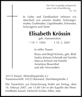 Todesanzeige von Elisabeth Kroessin von HNA