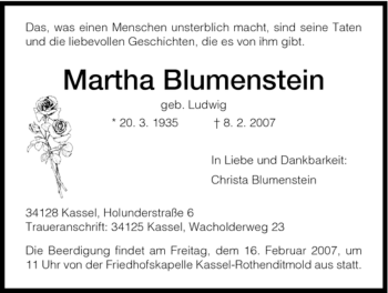 Todesanzeige von Martha Blumenstein von HNA