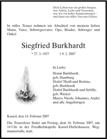 Todesanzeige von Siegfried Burkhardt von HNA