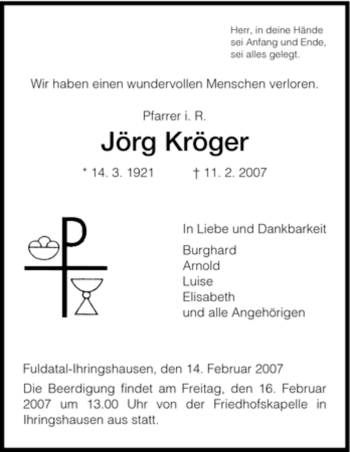 Todesanzeige von Joerg Kroeger von HNA