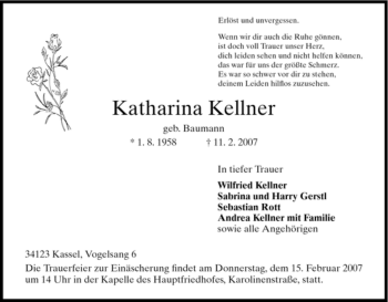 Todesanzeige von Katharina Kellner von HNA