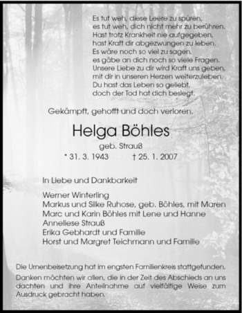 Todesanzeige von Helga Boehles von HNA