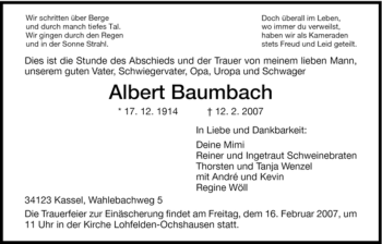 Todesanzeige von Albert Baumbach von HNA