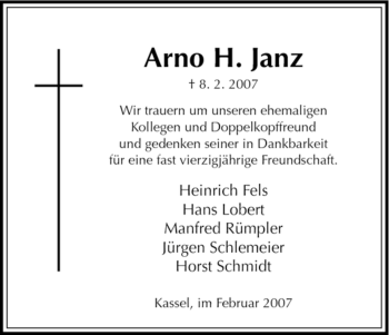 Todesanzeige von Arno H. Janz von HNA