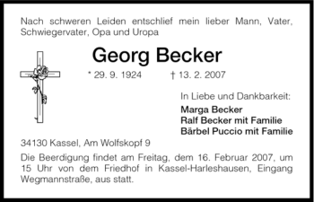 Todesanzeige von Georg Becker von HNA