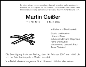 Todesanzeige von Martin Geisser von HNA