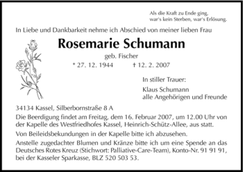 Todesanzeige von Rosemarie Schumann von HNA