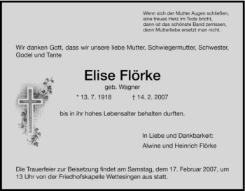 Todesanzeige von Elise Floerke von HNA