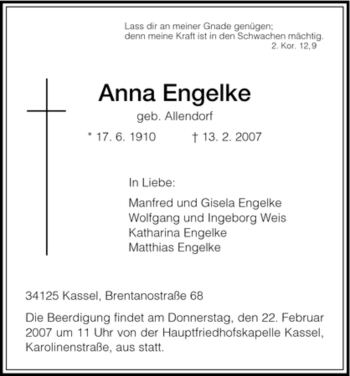 Todesanzeige von Anna Engelke von HNA