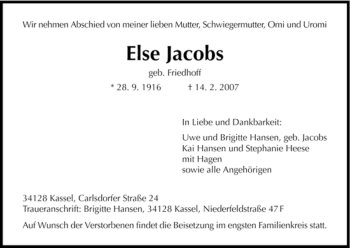 Todesanzeige von Else Jacobs von HNA