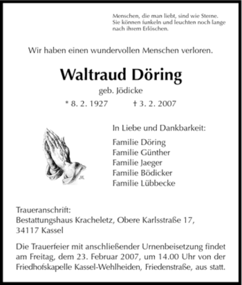 Todesanzeige von Waltraud Doering von HNA