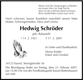 Todesanzeige von Hedwig Schroeder von HNA