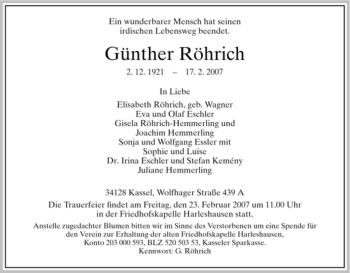 Todesanzeige von Guenther Roehrich von HNA