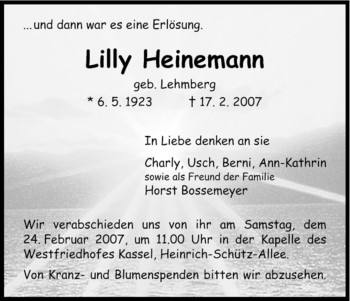 Todesanzeige von Lilly Heinemann von HNA