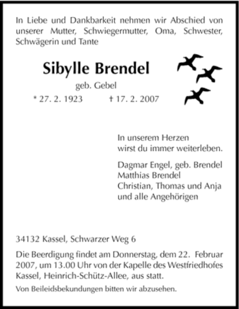 Todesanzeige von Sibylle Brendel von HNA