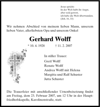 Todesanzeige von Gerhard Wolff von HNA