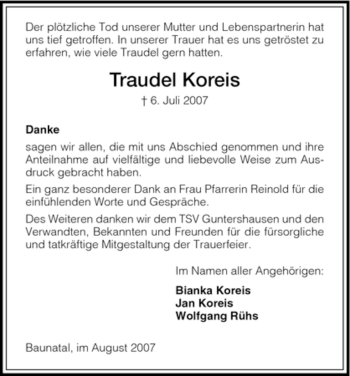 Todesanzeige von Traudel Koreis von HNA