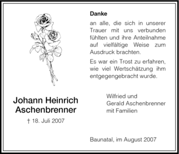 Todesanzeige von Johann Heinrich Aschenbrenner von HNA