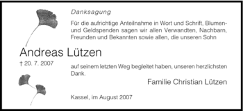 Todesanzeige von Andreas Lützen von HNA