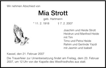 Todesanzeige von Mia Strott von HNA