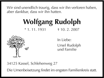 Todesanzeige von Wolfgang Rudolph von HNA