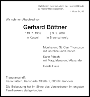 Todesanzeige von Gerhard Boettner von HNA