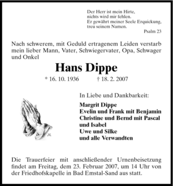 Todesanzeige von Hans Dippe von HNA