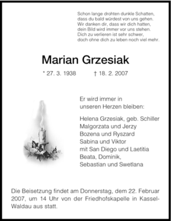 Todesanzeige von Marian Grzesiak von HNA