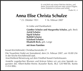 Todesanzeige von Anna Elise von HNA