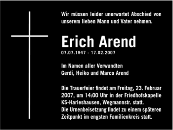 Todesanzeige von Erich Arend von HNA