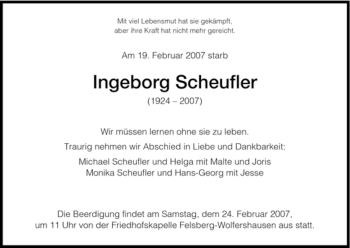 Todesanzeige von Ingeborg Scheufler von HNA