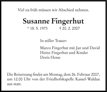 Todesanzeige von Susanne Fingerhut von HNA