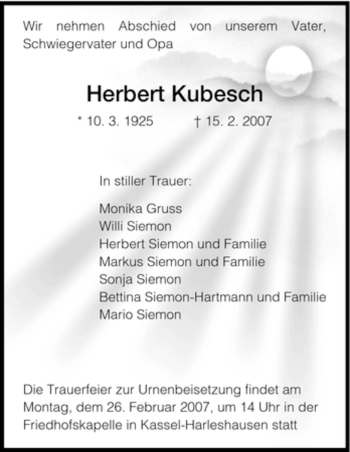 Todesanzeige von Herbert Kubesch von HNA